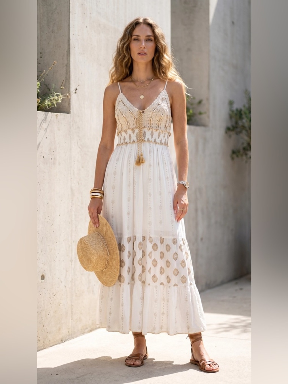 Boho Crochet Maxi Dress in White and Tan